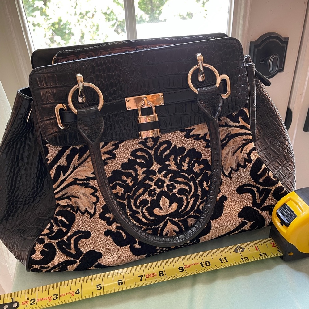 Sharif leather & tapestry handbag, Black & Gold